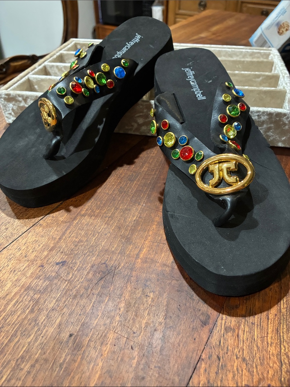 NWT Jeffrey Campbell Black Jeweled Platform Thong Sandals Sz 7